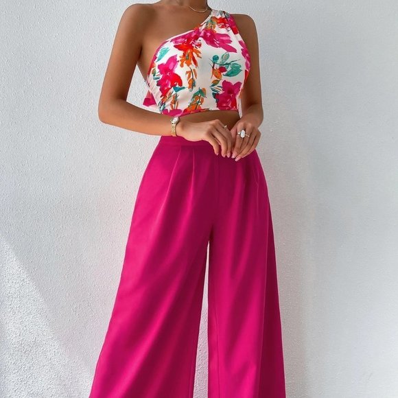 . Tops - Pink Boho Womens Floral Print One Shoulder Top & Wide Leg Pants